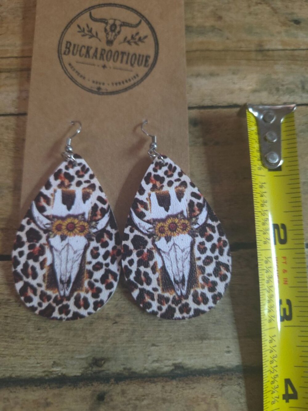 Leopard Steer Skull Teardrop Earrings Sunflower Western Cowgirl Rodeo Jewelry